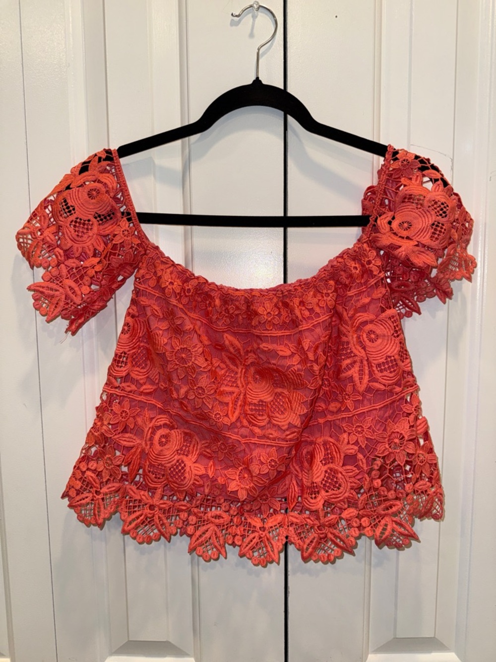 Dance & Marvel Coral Lace Off-Shoulder Top